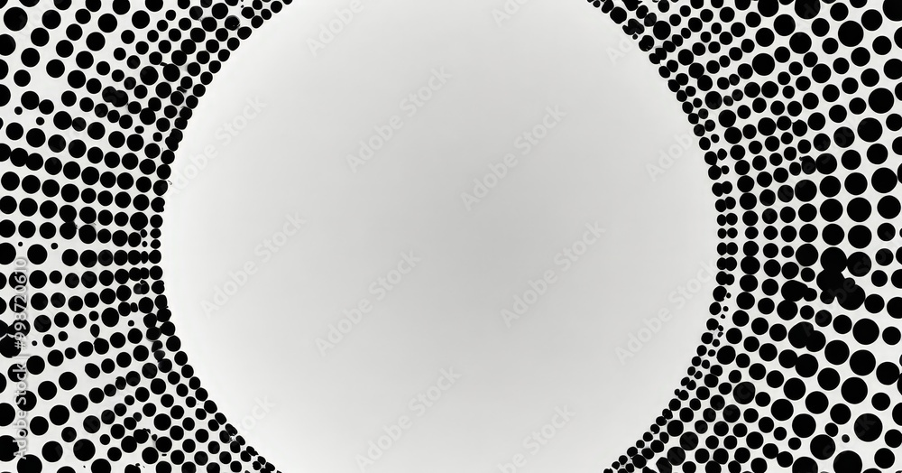 Poster a circular pattern of black dots on a white background, with a blank space in the center