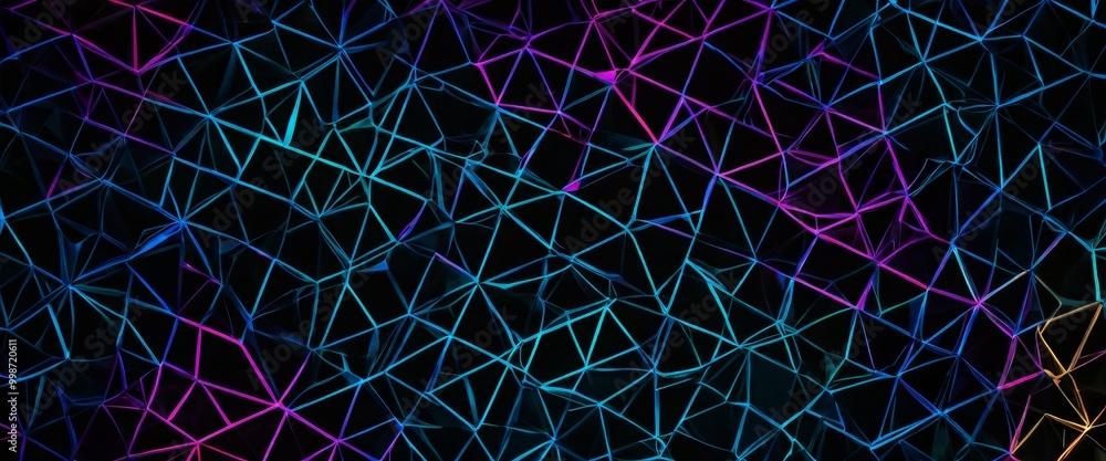 Poster a complex network of intersecting lines and triangles in various shades of blue, purple, and pink, creating a visually striking abstract pattern.
