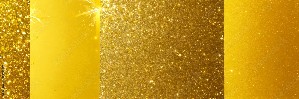 Poster three vertical gold panels, each adorned with a unique pattern of glittering gold and white stars th