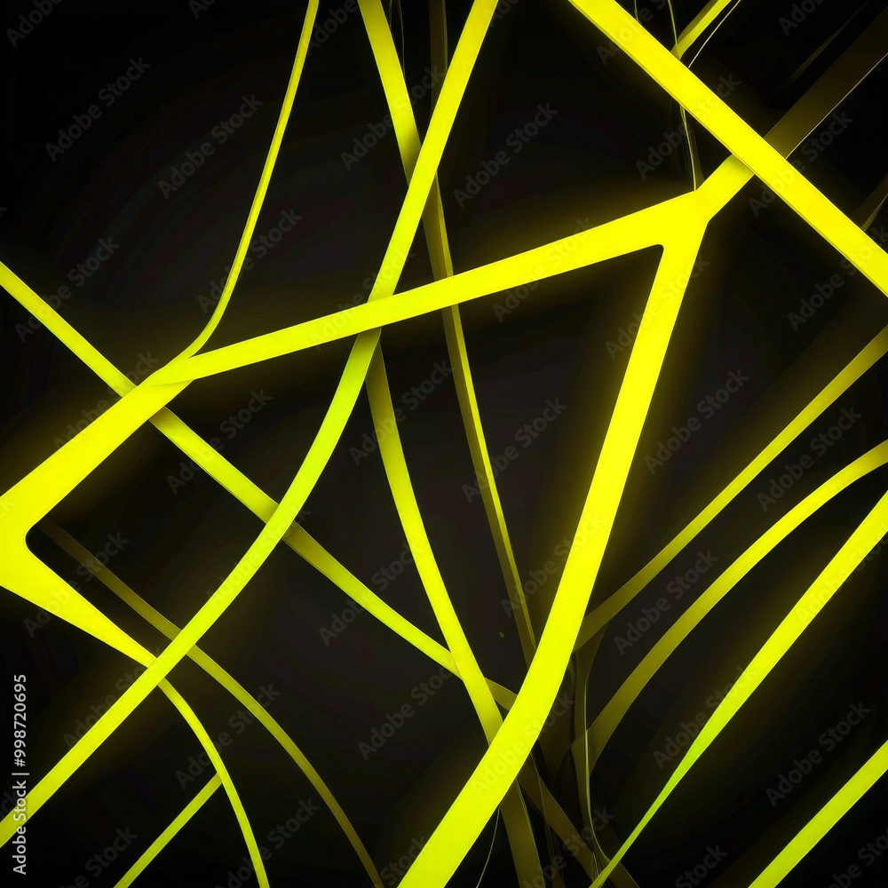 Poster a complex arrangement of intersecting yellow and black lines, creating a visually striking abstract pattern against a dark background