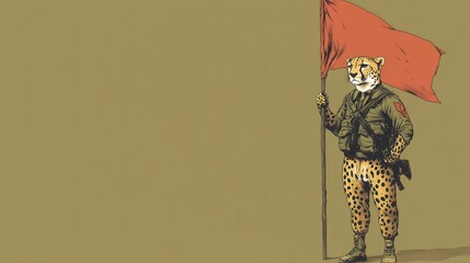 Cheetah in Military Uniform Holding Flag