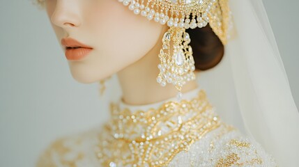 Elegant bridal kokoshnik in gold and pearl for modern weddings