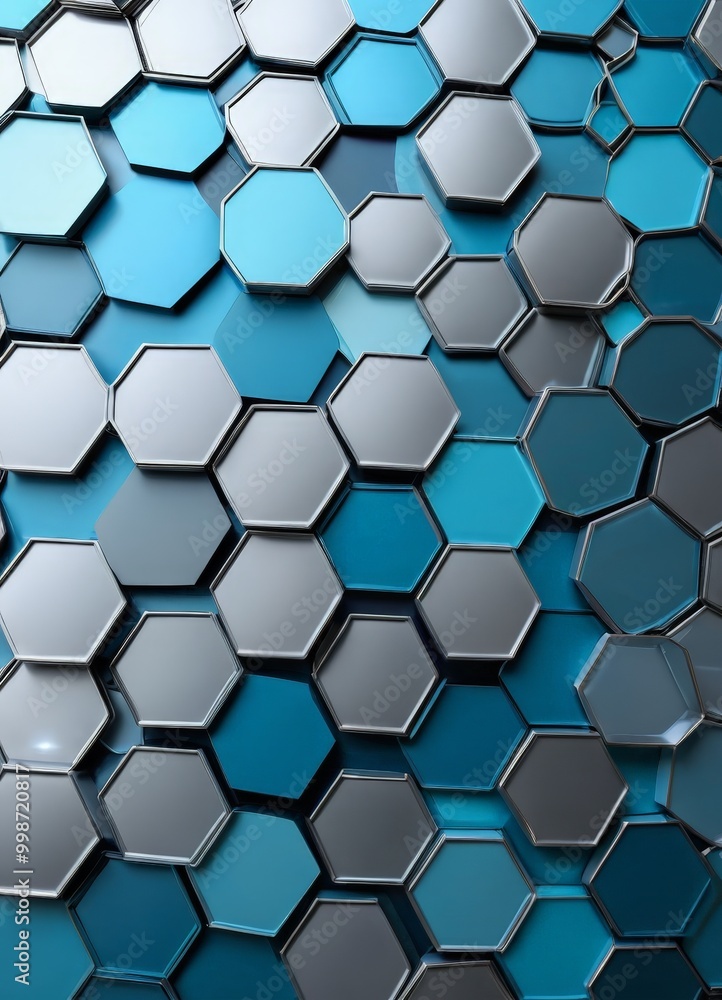 Poster a repeating pattern of hexagonal shapes in shades of blue and gray, creating a visually striking and geometric design