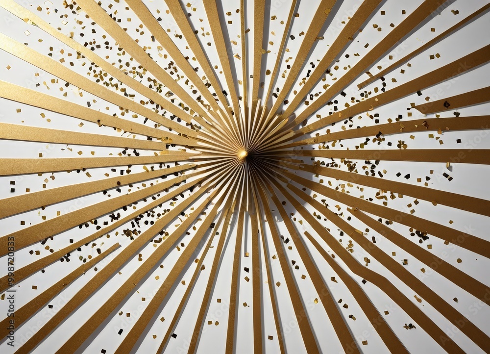Poster a striking golden sunburst design with radiating lines and scattered gold confetti, creating a sense