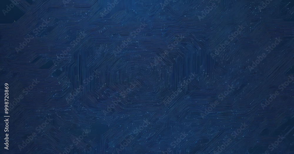 Poster a dark blue background with a complex pattern of lines and curves, resembling a circuit board or a starry night sky