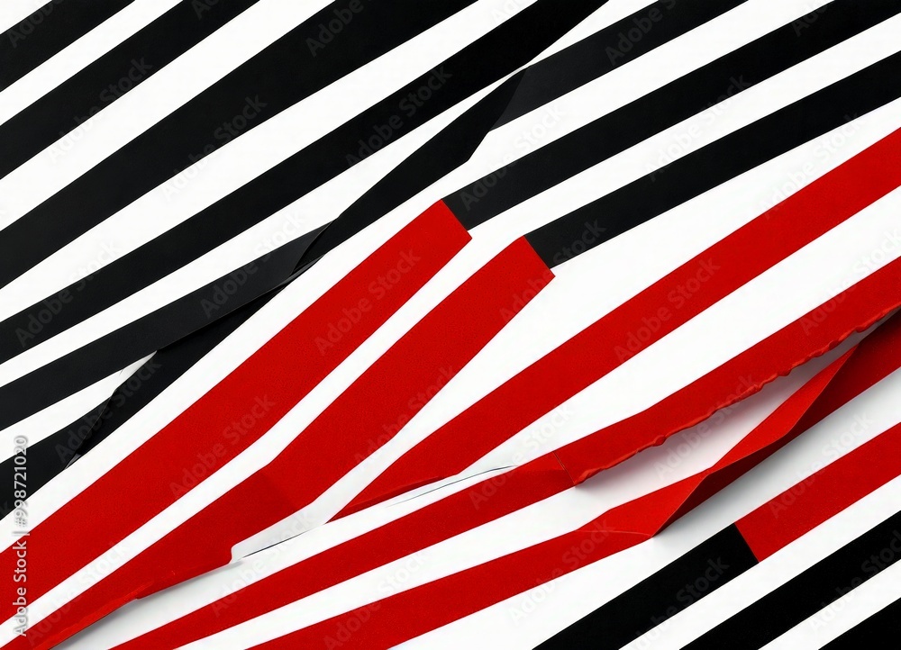 Poster a striking abstract composition of intersecting diagonal lines in black, white, and red, creating a dynamic and visually captivating pattern