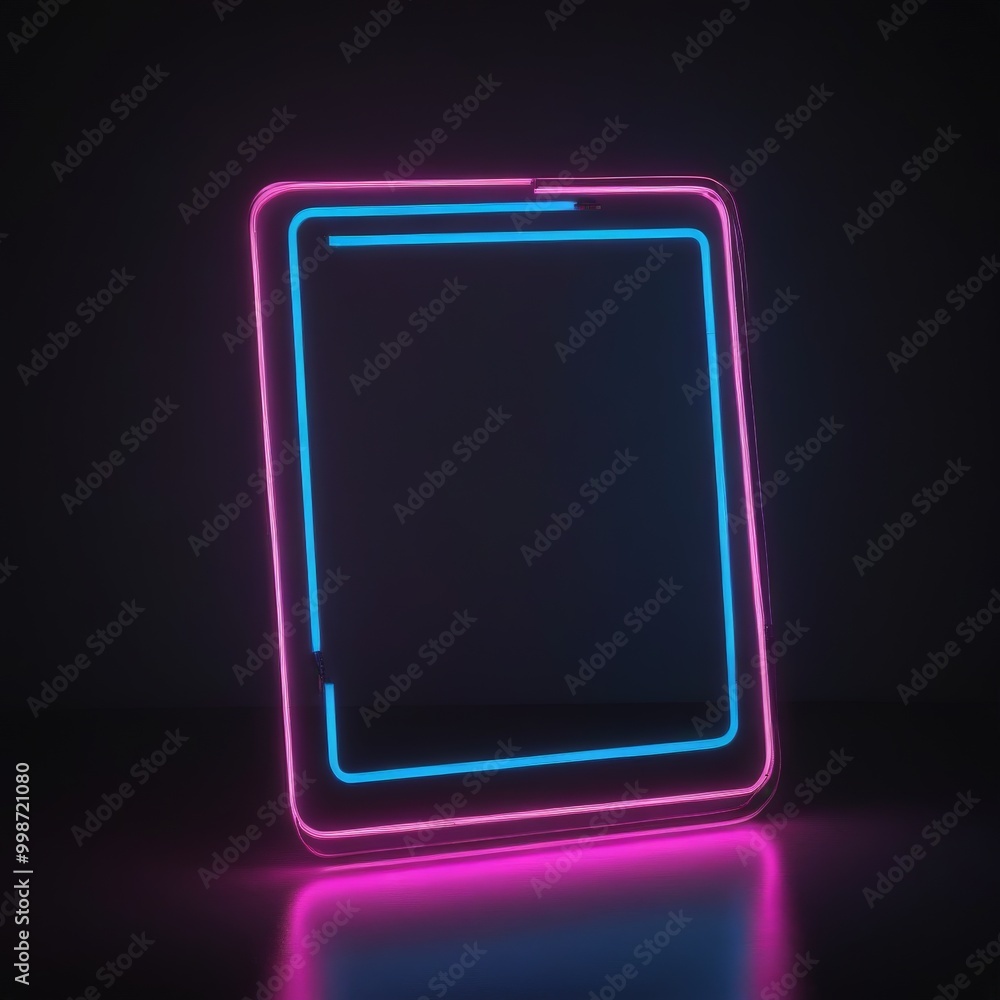 Leinwandbilder a square neon frame with a pink border and blue outline is illuminated against a dark background, ca