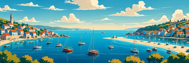 Obraz premium A vibrant illustration depicting a serene coastal town with colorful houses, a church steeple, and a harbor filled with sailboats, set against a backdrop of a clear blue sky