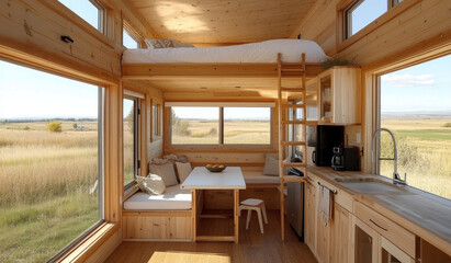 Naklejka premium A tiny house interior with a kitchen, dining table, and sofa area in the foreground, one large window on each side of the room overlooking an open field.