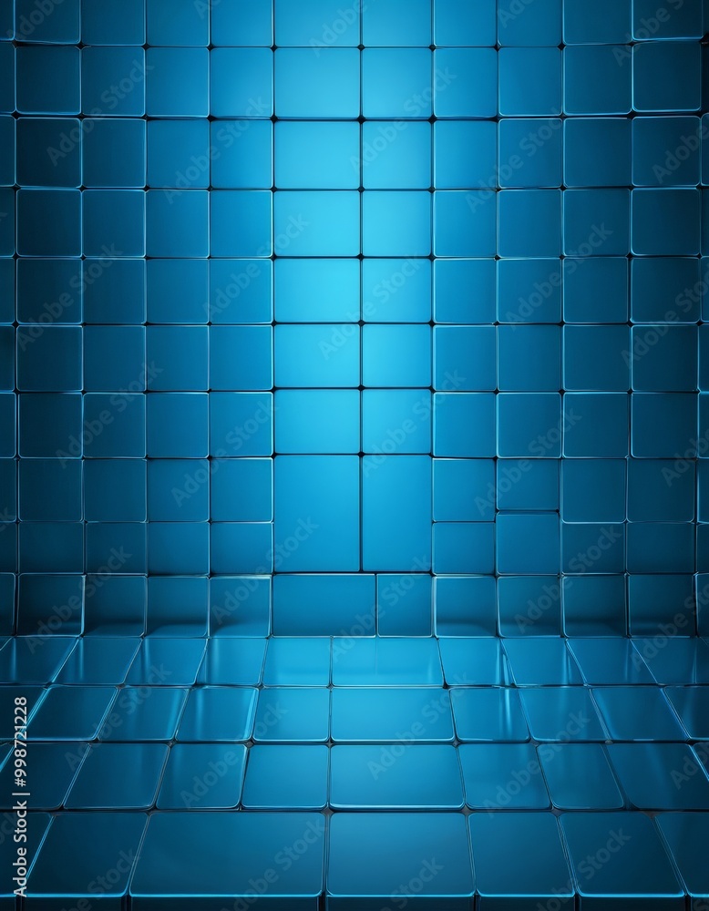 Poster a blue tiled floor with a grid-like pattern, creating a sense of depth and perspective
