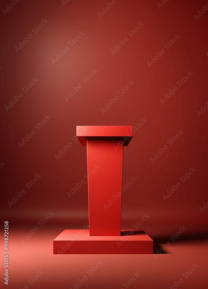 Aufkleber a red podium stands alone against a deep red background, casting a shadow on the floor beneath it