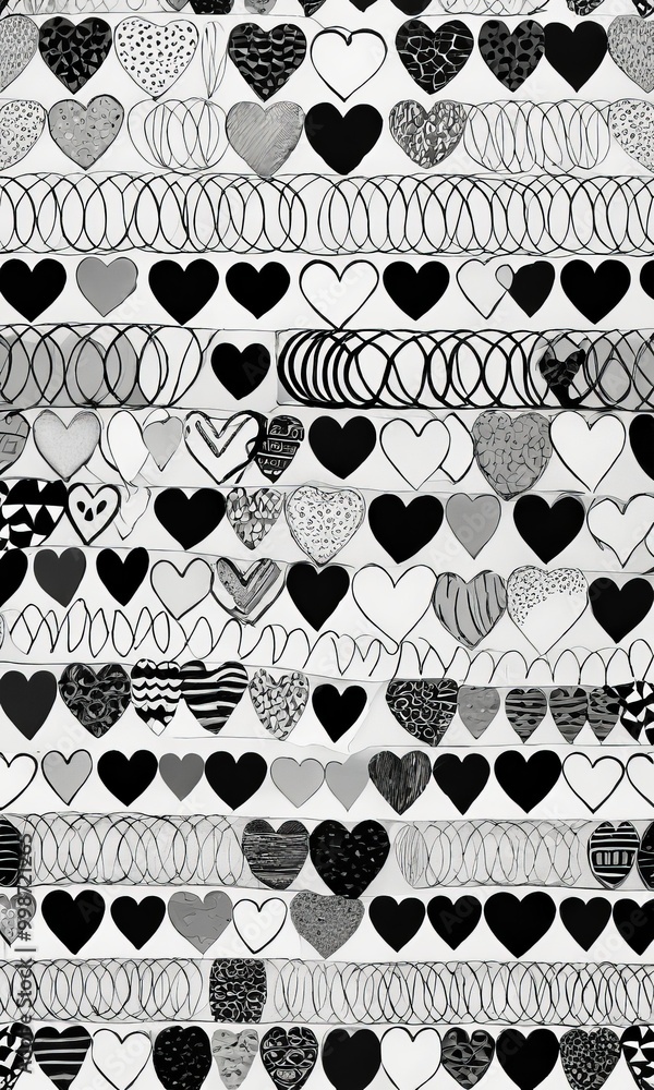 Poster a black and white featuring a repeating pattern of hearts and lines, creating a visually striking an