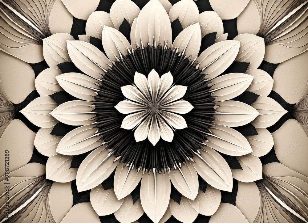 Fototapete a symmetrical floral pattern composed of black and white petals arranged in a radial fashion, creati
