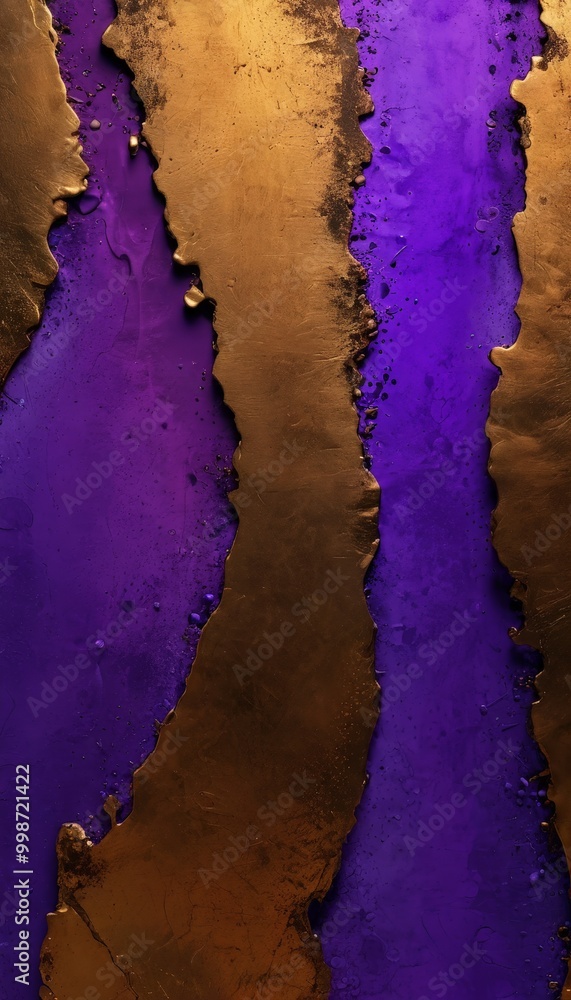 Poster a striking abstract composition of overlapping lines and swirls in shades of purple and gold, creating a sense of depth and movement