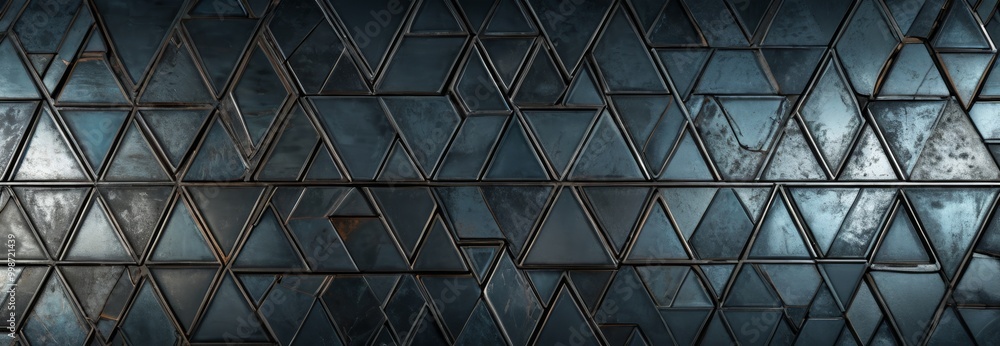 Fototapete a close-up view dark blue, metallic surface composed of numerous triangular tiles arranged in a repeating pattern