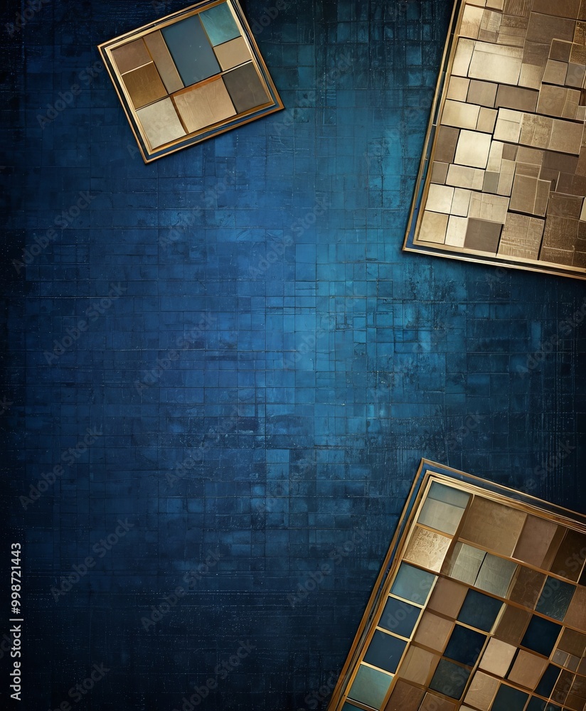 Aufkleber a dark blue background with three distinct geometric shapes in gold and brown, arranged in a triangu