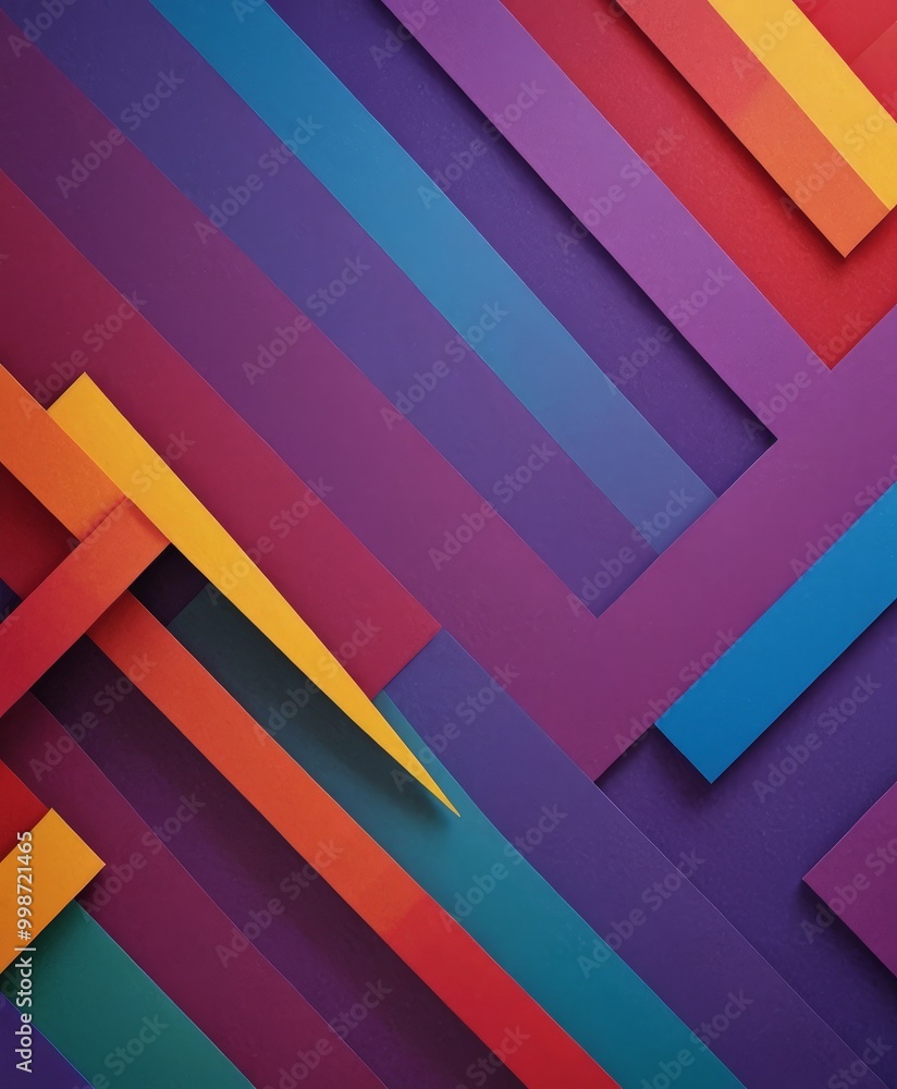 Poster a vibrant abstract composition of overlapping diagonal lines in various colors, including red, orange, yellow, blue, and purple, creating a dynamic and visually striking pattern