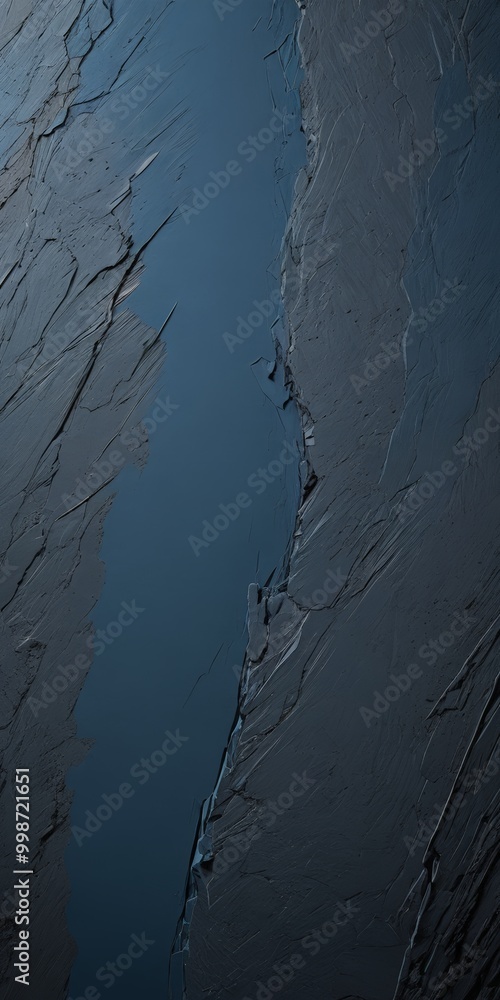 Poster a close-up view textured surface with a dark blue color, featuring a vertical crack running through it