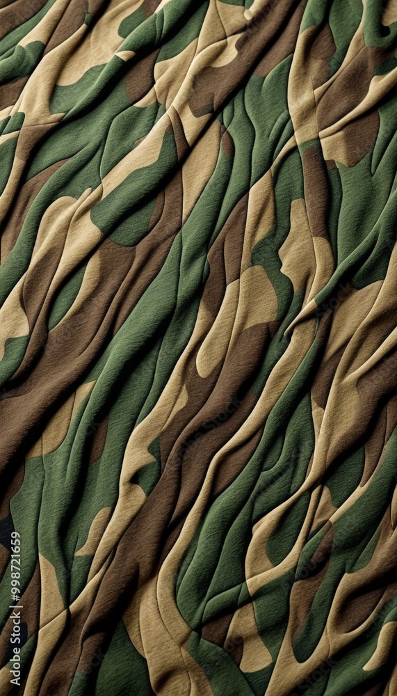Poster a close-up view of a fabric with a camouflage pattern, featuring a mix of green, brown, and beige co