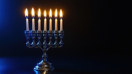 Fototapeta premium Menorah with Candlelight on Dark Blue Background