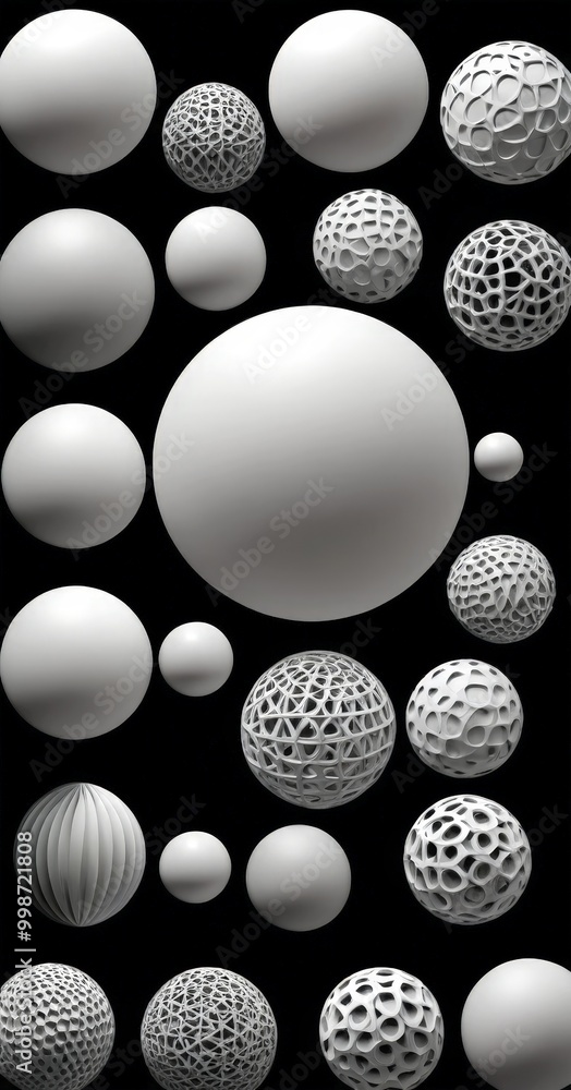 Aufkleber A collection of spherical objects in various shapes and sizes, including spheres, cubes, and pyramids, against a black background