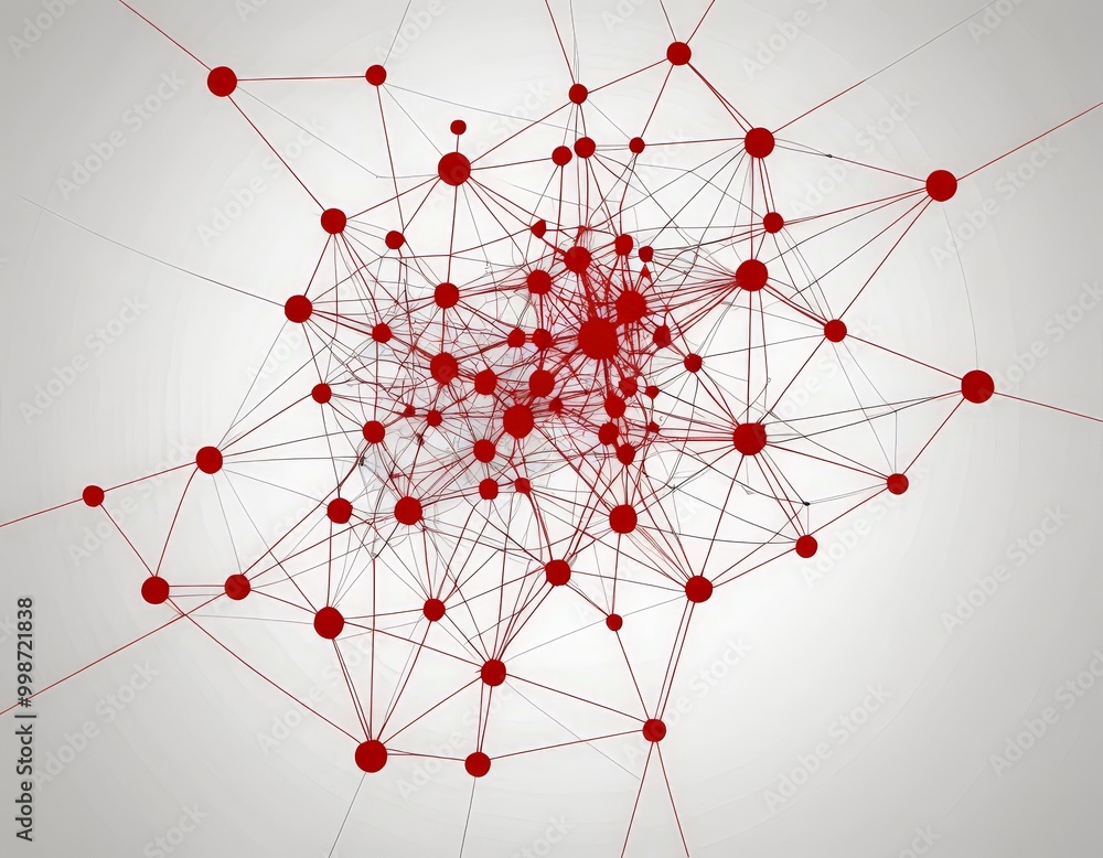 Aufkleber a complex network of red lines and dots, resembling a web or a network of interconnected nodes, against a white background