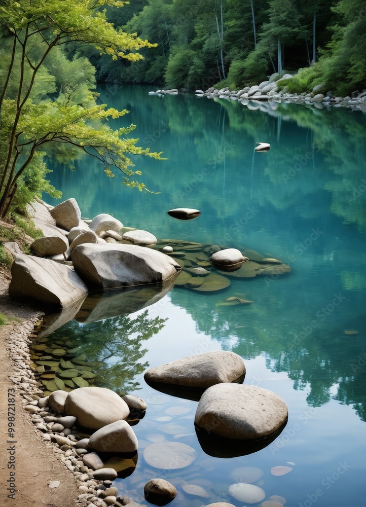 Poster a serene river flows through a lush forest, its calm waters reflecting the verdant surroundings and 