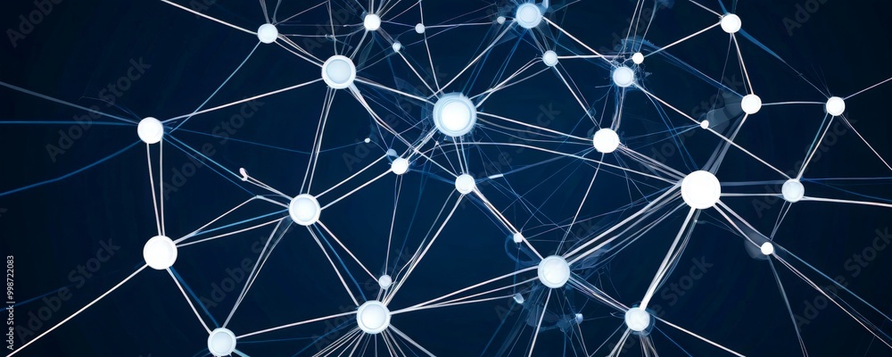 Poster a complex network of interconnected white dots, resembling a web of connections, against a dark blue background