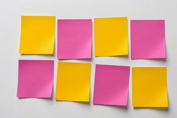 Fototapeta premium several pieces of yellow and pink post it notes are arranged on a white surface