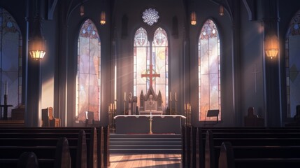Fototapeta premium A dreamy, blurred background of an empty church interior, focusing on the altar and stained glass windows