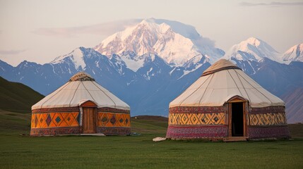Nomadic life in spring: picturesque uzbek yurts against majestic mountains for prints or posters