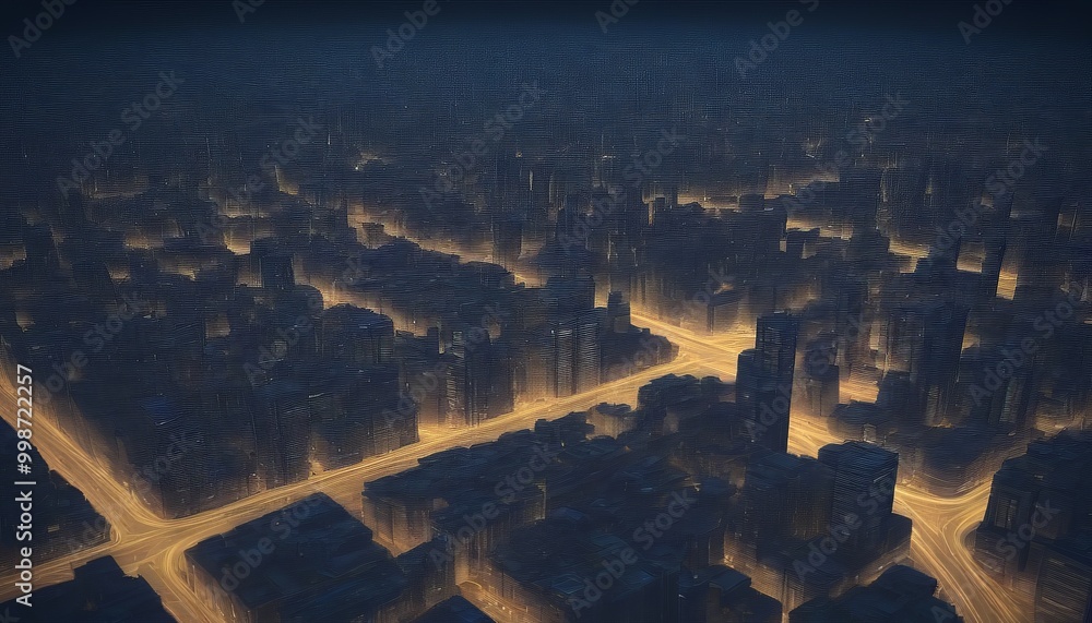 Poster a night view densely populated city, with numerous tall buildings illuminated by bright lights, crea