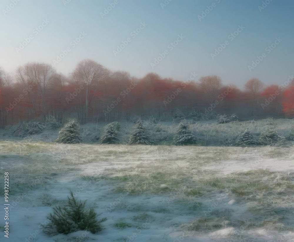 Poster A serene winter landscape features a snow-covered field with a few trees and a distant forest of red-leaved trees, all under a clear blue sky
