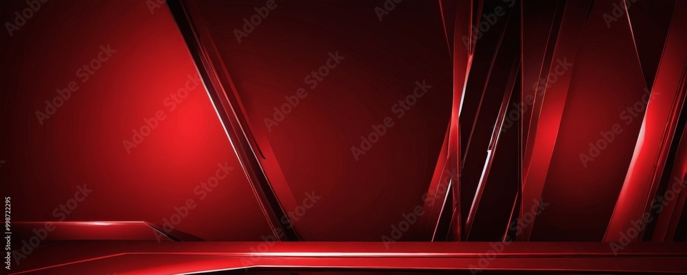 Poster a striking abstract composition of intersecting red lines and beams against a deep red background, creating a sense of depth and movement