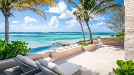 Fototapeta premium An elegant beachfront villa with a stunning patio lounge, offering uninterrupted ocean views and a perfect blend of luxury and coastal comfort
