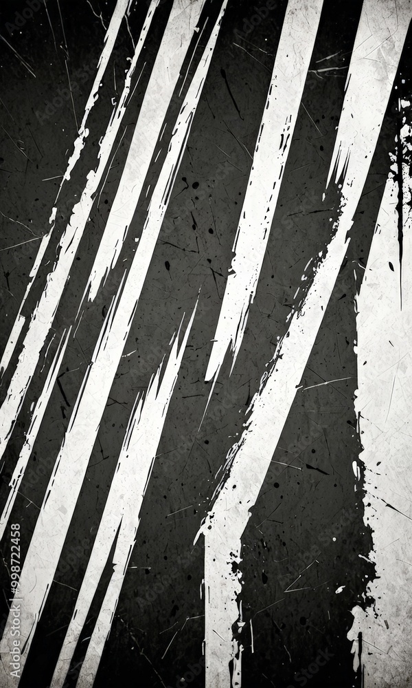 Poster a striking black and white abstract composition with diagonal lines and splatters, creating a dynami