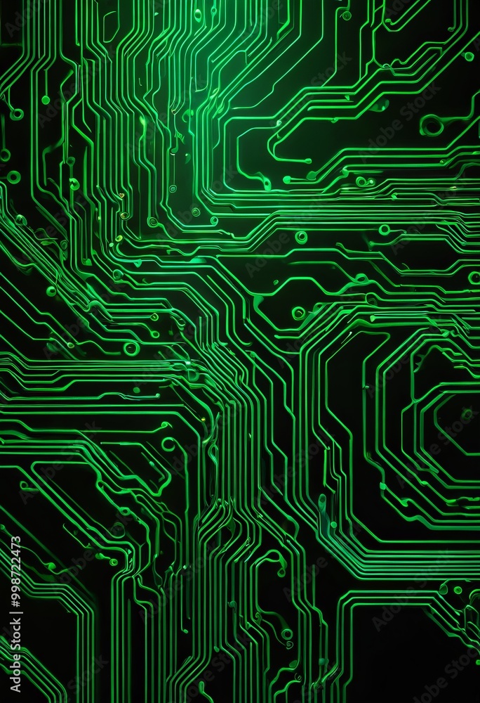 Poster a close-up view circuit board, with a complex network of green and black lines and traces
