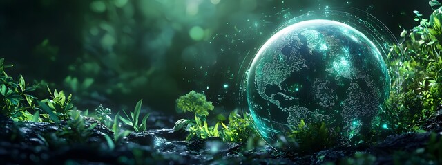 A digital globe surrounded by futuristic technology and greenery, representing global environmental protection in the future.
