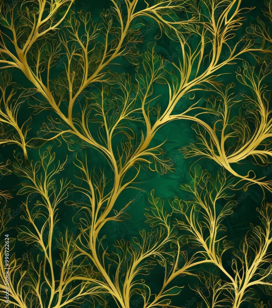 Poster a repeating pattern of golden tree branches against a dark green background