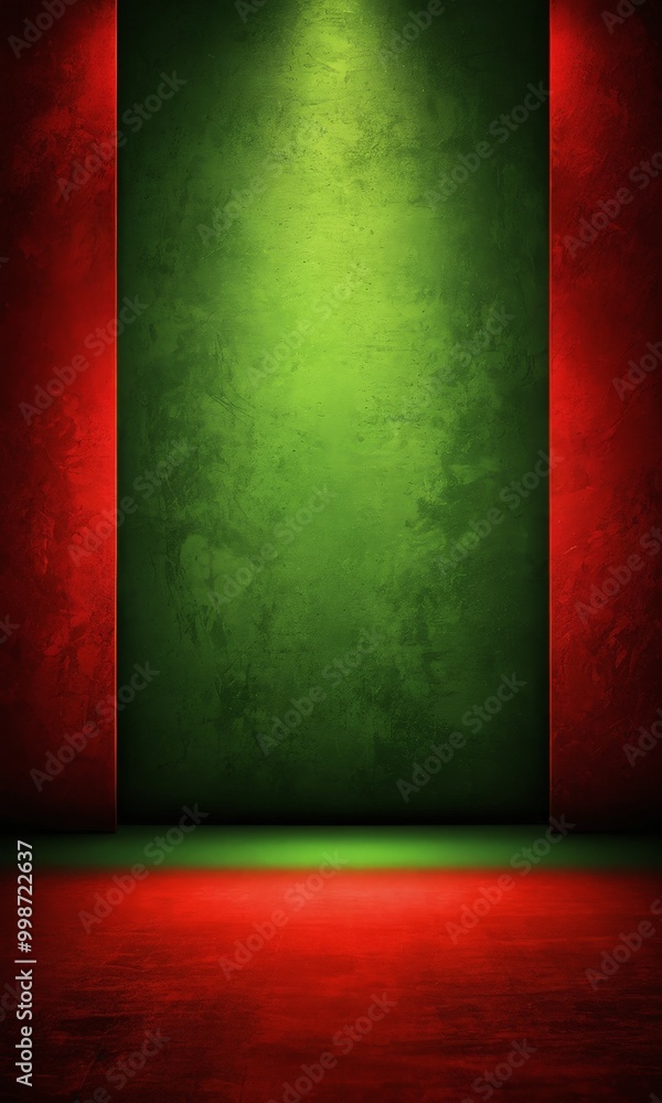 Poster a green wall with red stripes on either side, set against a red floor, creating a striking contrast