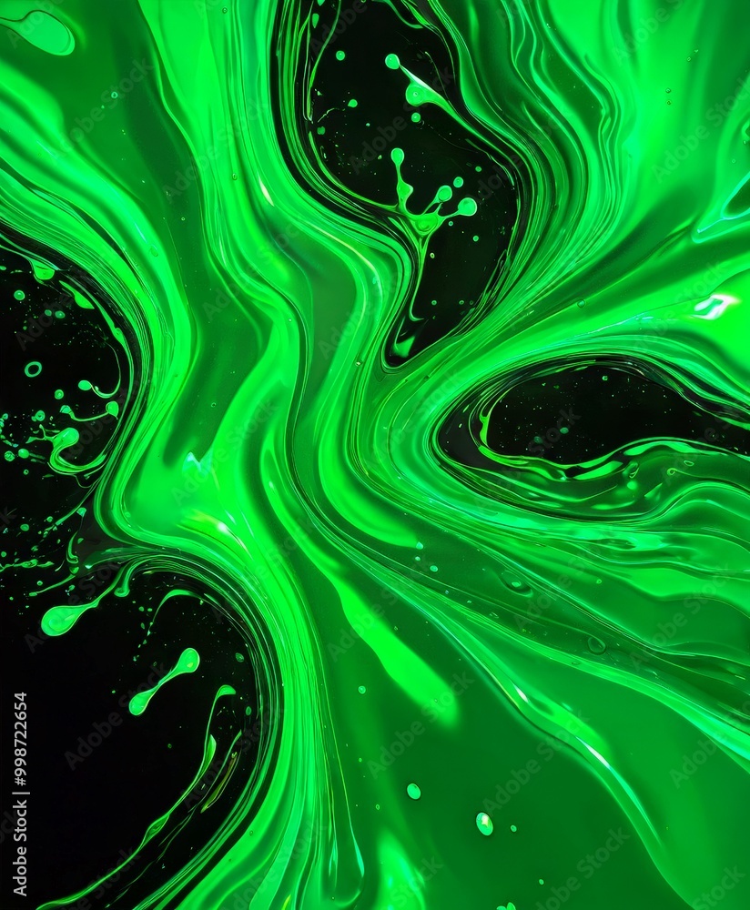 Fototapete a swirling, abstract pattern of green and black hues, with splashes of color and small droplets scattered throughout, creating a dynamic and visually striking composition