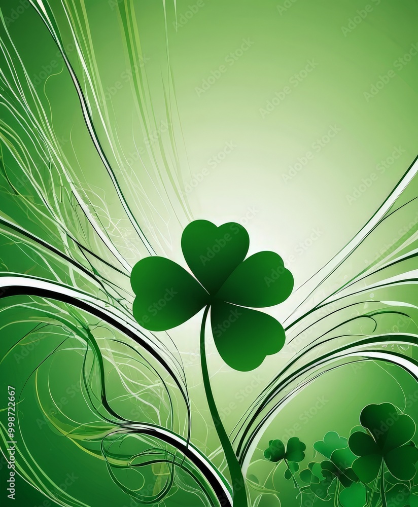 Poster A vibrant green shamrock stands out against a background of swirling lines and rays of light, creating a dynamic and visually striking composition