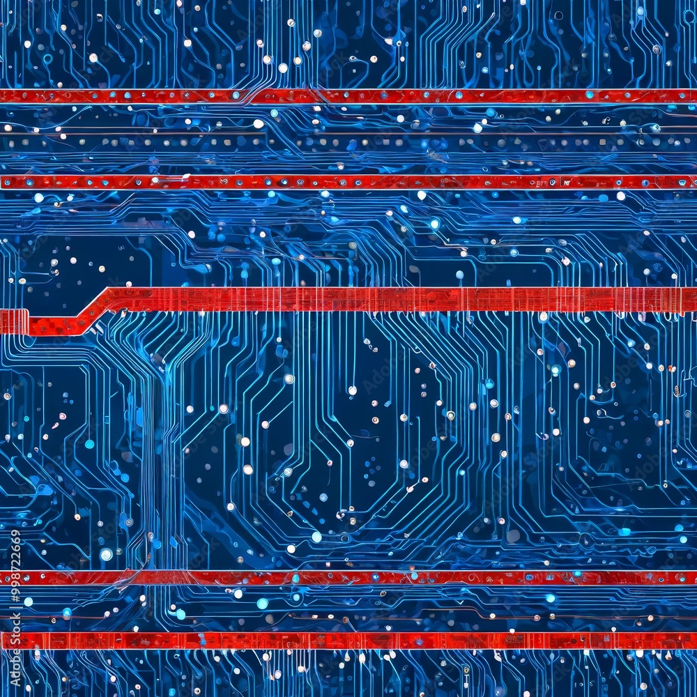 Aufkleber a detailed view circuit board, showcasing a complex network of blue and red lines and dots The lines, varying in thickness, are arranged in a
