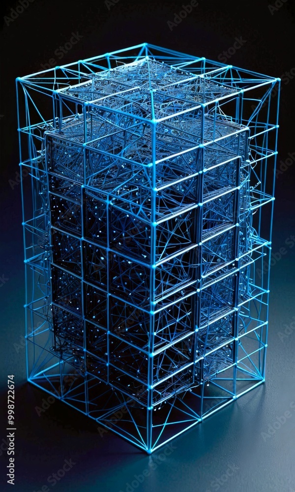Poster A complex, abstract structure composed of interconnected blue lines and squares, resembling a grid or a cube