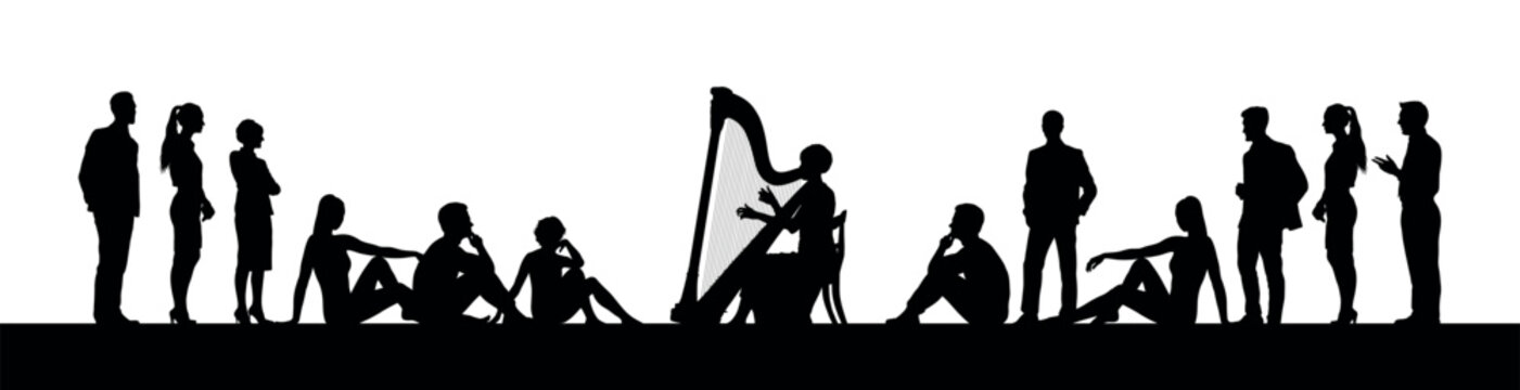 Young woman playing harp in public park outdoor vector silhouette. Female harpist performing music on street in park outdoor black silhouettes. 
