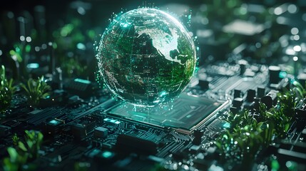 A digital globe surrounded by futuristic technology and greenery, representing global environmental protection in the future.