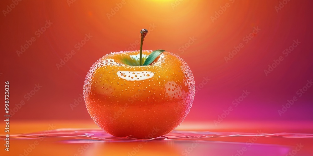 Poster a glossy, speckled orange apple with a single green stem stands on a reflective surface, with a grad