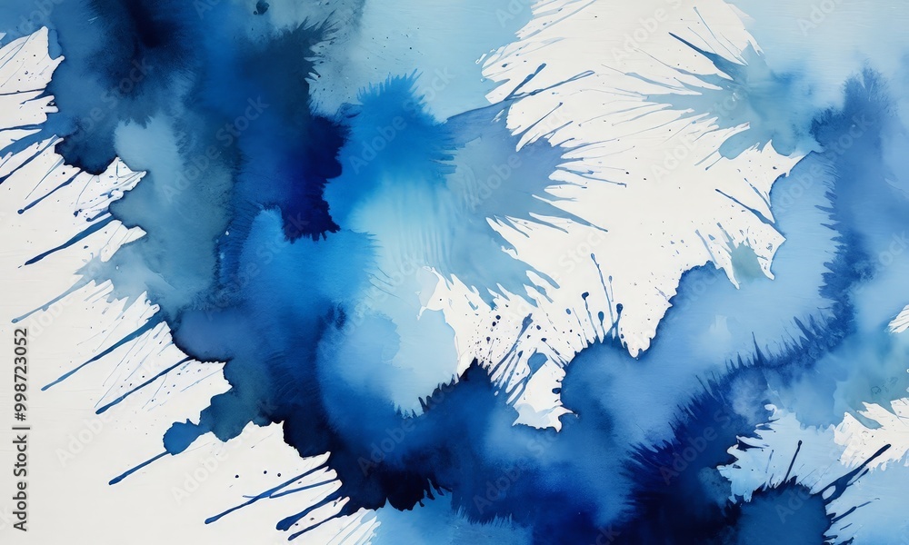 Poster an abstract painting featuring a dynamic interplay of blue and white hues, with splashes of color an