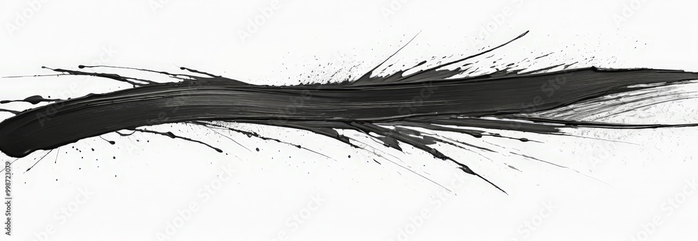 Poster A black and white abstract depicting a long, curved line with splashes and splotches of paint or ink
