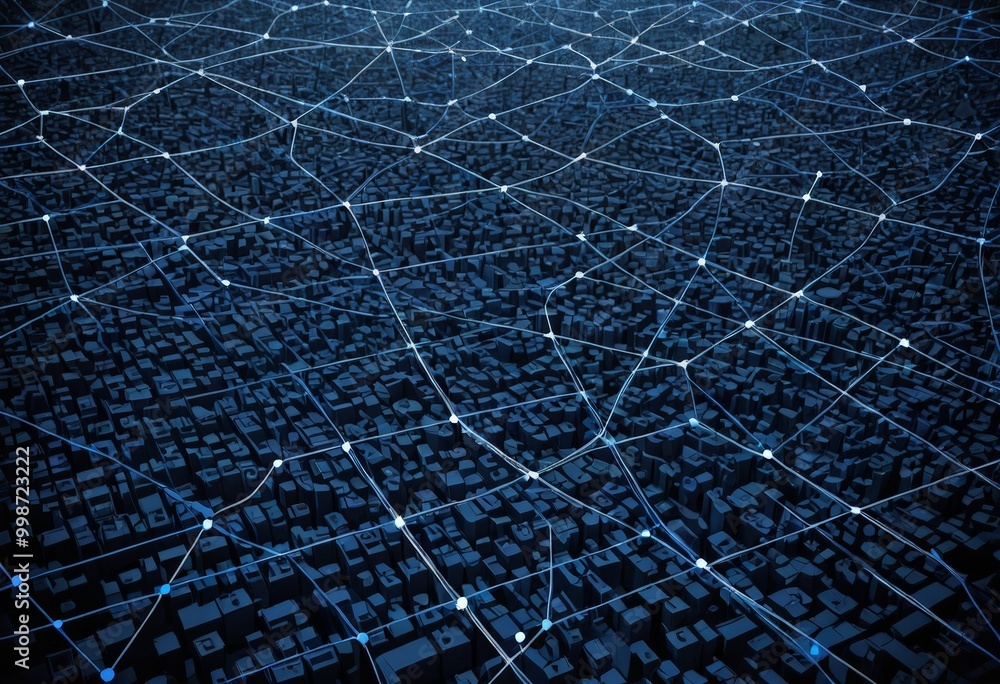 Poster a densely populated cityscape, with numerous buildings and roads interconnected by a complex network of blue lines, creating a sense of depth and complexity.